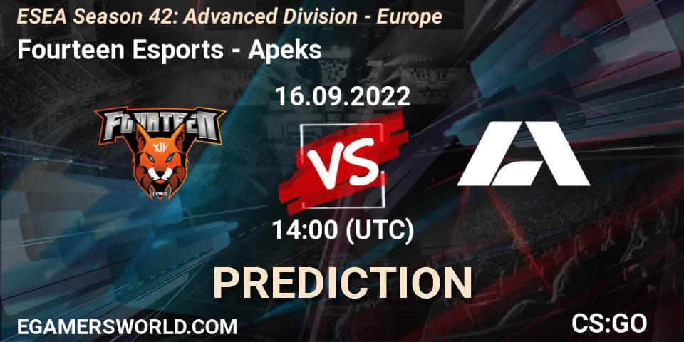 Fourteen Esports - Apeks: ennuste. 16.09.22, CS2 (CS:GO), ESEA Season 42: Advanced Division - Europe