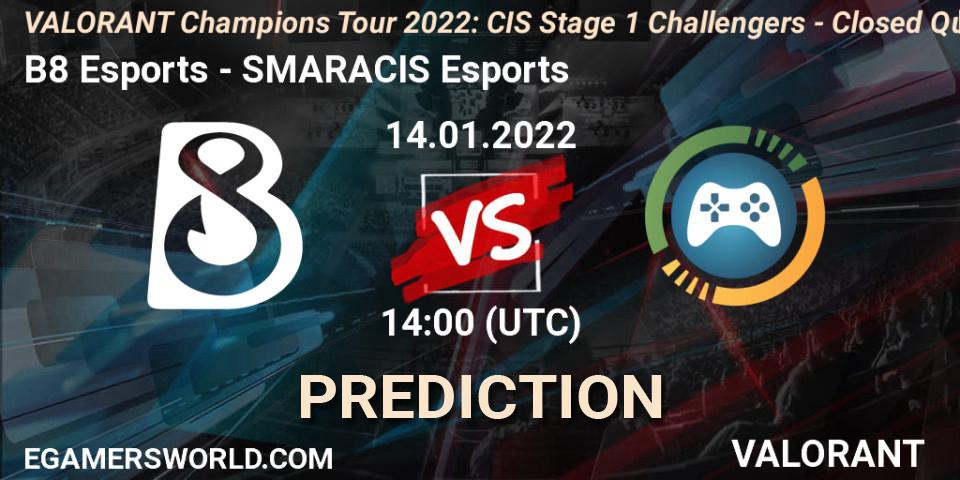 B8 Esports - SMARACIS Esports: ennuste. 14.01.2022 at 14:00, VALORANT, VCT 2022: CIS Stage 1 Challengers - Closed Qualifier 1
