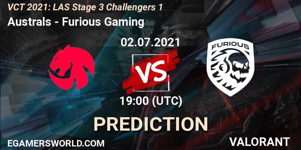 Australs - Furious Gaming: ennuste. 02.07.2021 at 19:00, VALORANT, VCT 2021: LAS Stage 3 Challengers 1