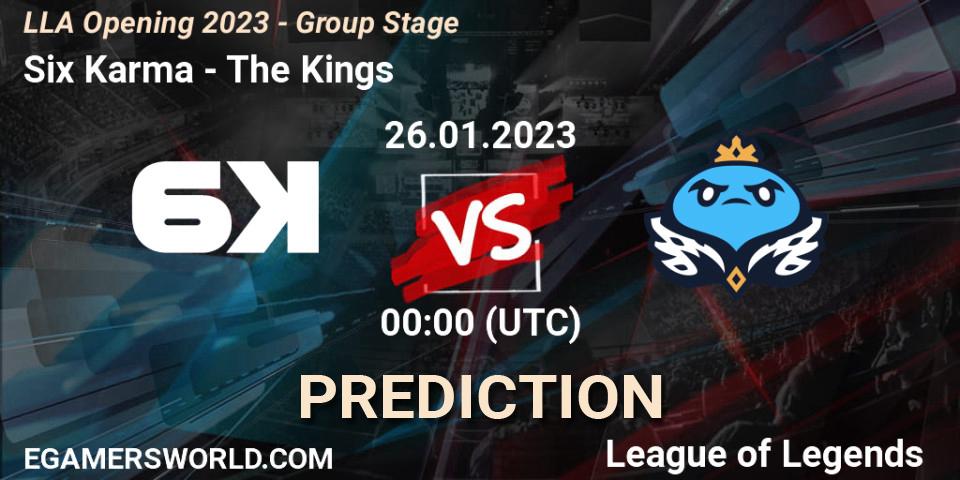Six Karma - The Kings: ennuste. 26.01.2023 at 00:00, LoL, LLA Opening 2023 - Group Stage