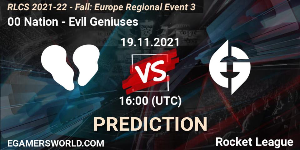 00 Nation - Evil Geniuses: ennuste. 19.11.2021 at 16:00, Rocket League, RLCS 2021-22 - Fall: Europe Regional Event 3
