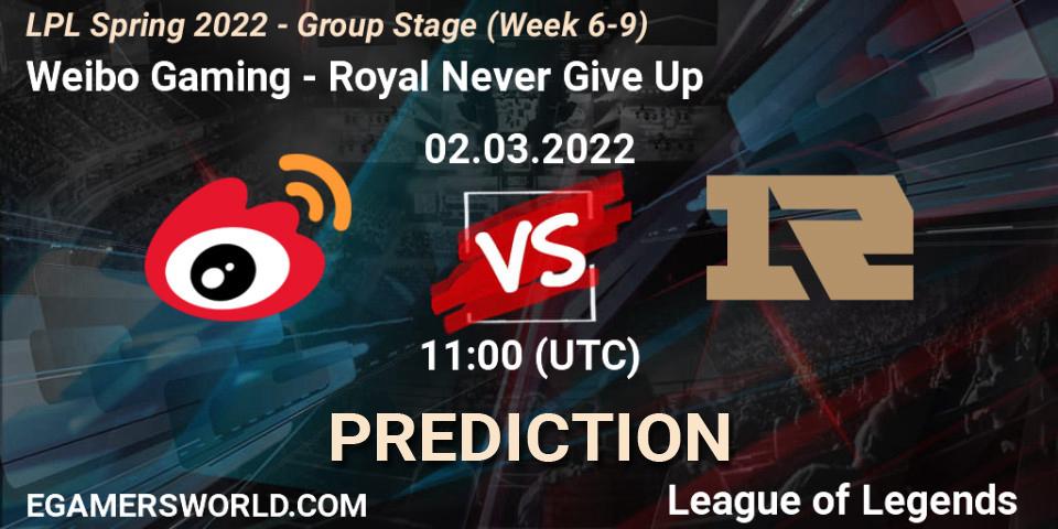 Weibo Gaming - Royal Never Give Up: ennuste. 02.03.2022 at 11:15, LoL, LPL Spring 2022 - Group Stage (Week 6-9)