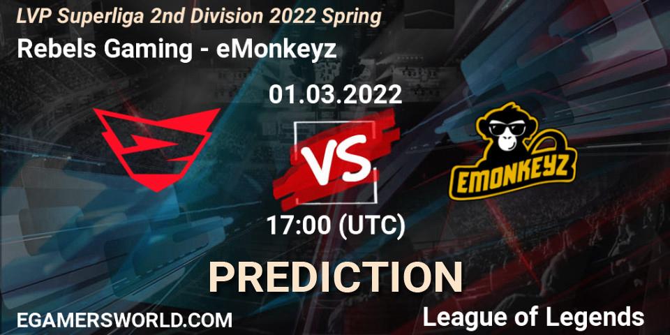 Rebels Gaming - eMonkeyz: ennuste. 01.03.2022 at 20:00, LoL, LVP Superliga 2nd Division 2022 Spring