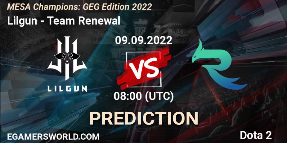 Lilgun - Team Renewal: ennuste. 09.09.2022 at 08:00, Dota 2, MESA Champions: GEG Edition 2022