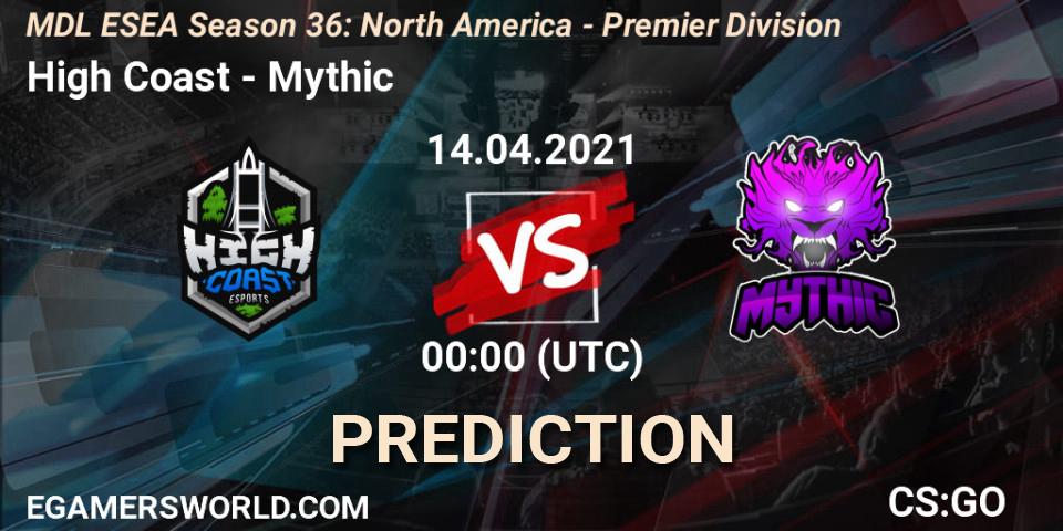 High Coast - Mythic: ennuste. 14.04.2021 at 00:00, Counter-Strike (CS2), MDL ESEA Season 36: North America - Premier Division