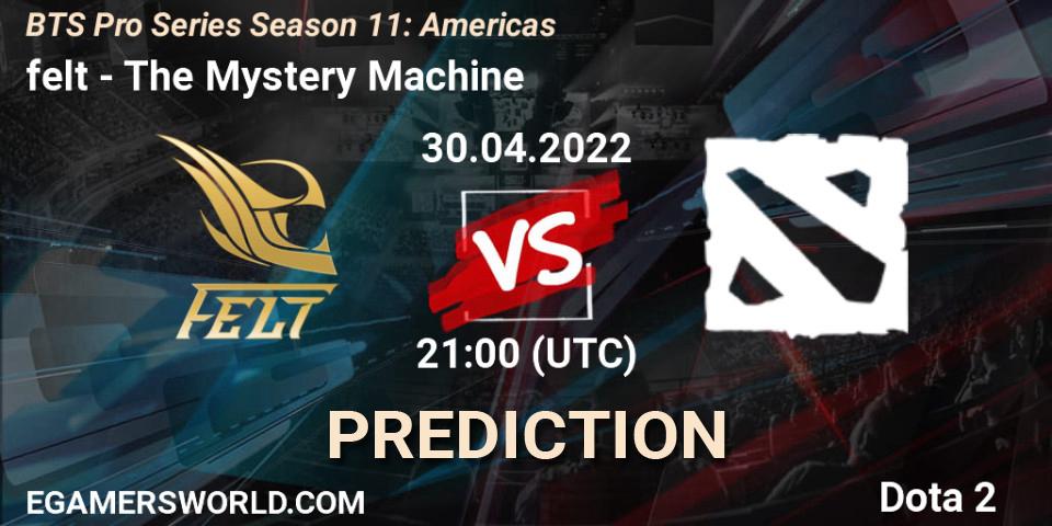 felt - The Mystery Machine: ennuste. 30.04.2022 at 21:00, Dota 2, BTS Pro Series Season 11: Americas