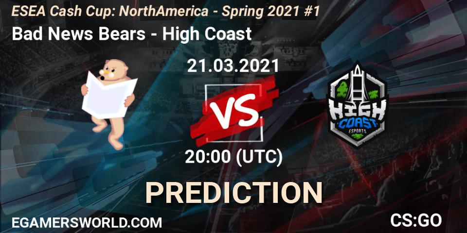 Bad News Bears - High Coast: ennuste. 21.03.2021 at 20:00, Counter-Strike (CS2), ESEA Cash Cup: North America - Spring 2021 #1