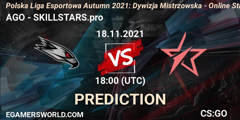 AGO - SKILLSTARS.pro: ennuste. 18.11.2021 at 18:00, Counter-Strike (CS2), Polska Liga Esportowa Autumn 2021: Dywizja Mistrzowska - Online Stage