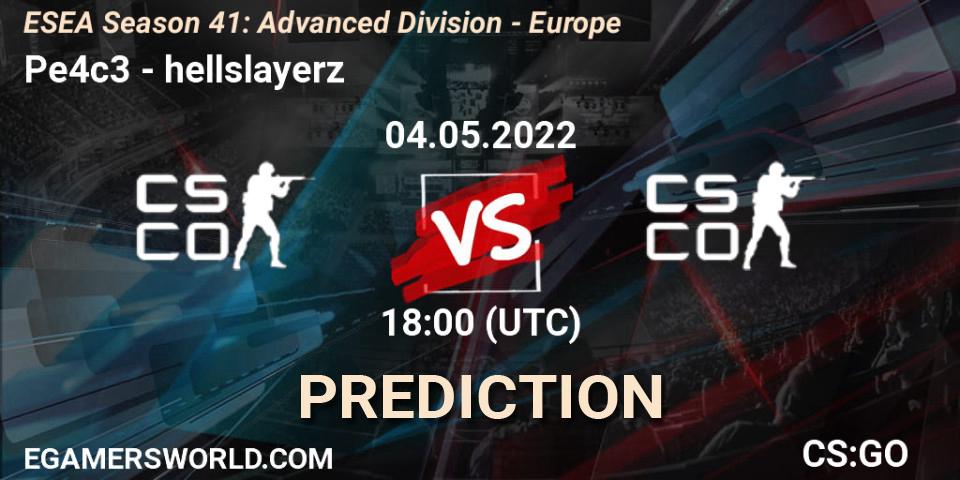 Pe4c3 - hellslayerz: ennuste. 04.05.2022 at 18:00, Counter-Strike (CS2), ESEA Season 41: Advanced Division - Europe