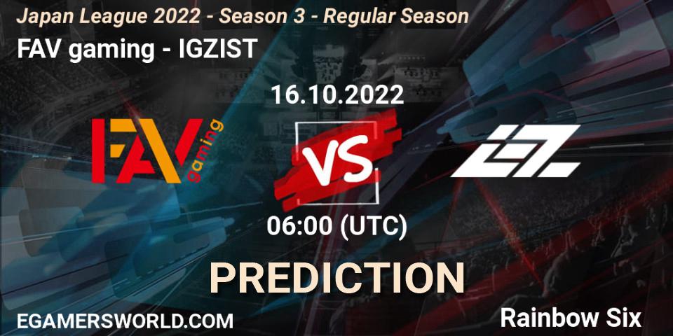 FAV gaming - IGZIST: ennuste. 16.10.2022 at 06:00, Rainbow Six, Japan League 2022 - Season 3 - Regular Season