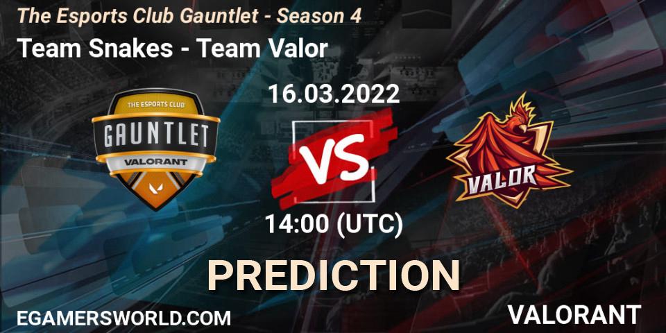 Team Snakes - Team Valor: ennuste. 18.03.2022 at 14:00, VALORANT, The Esports Club Gauntlet - Season 4