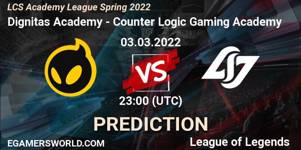 Dignitas Academy - Counter Logic Gaming Academy: ennuste. 03.03.22, LoL, LCS Academy League Spring 2022