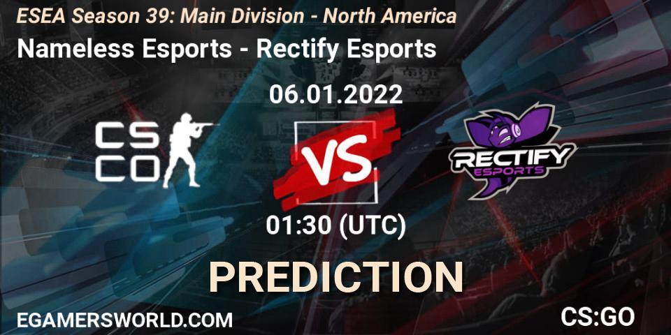 Nameless Esports - Rectify Esports: ennuste. 06.01.2022 at 01:30, Counter-Strike (CS2), ESEA Season 39: Main Division - North America
