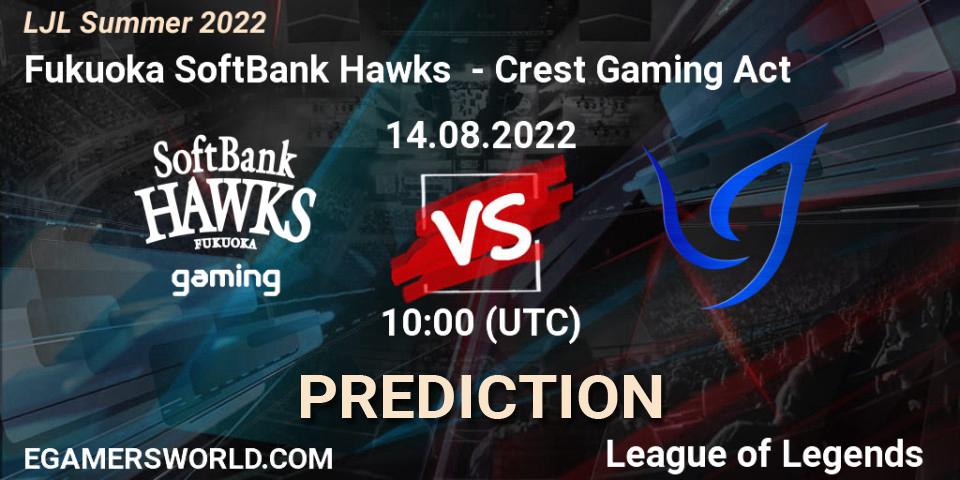 Fukuoka SoftBank Hawks - Crest Gaming Act: ennuste. 14.08.2022 at 10:00, LoL, LJL Summer 2022