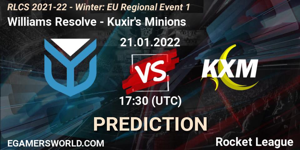 Williams Resolve - Kuxir's Minions: ennuste. 21.01.2022 at 17:30, Rocket League, RLCS 2021-22 - Winter: EU Regional Event 1