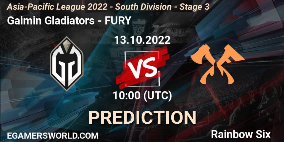 Gaimin Gladiators - FURY: ennuste. 13.10.2022 at 10:00, Rainbow Six, Asia-Pacific League 2022 - South Division - Stage 3