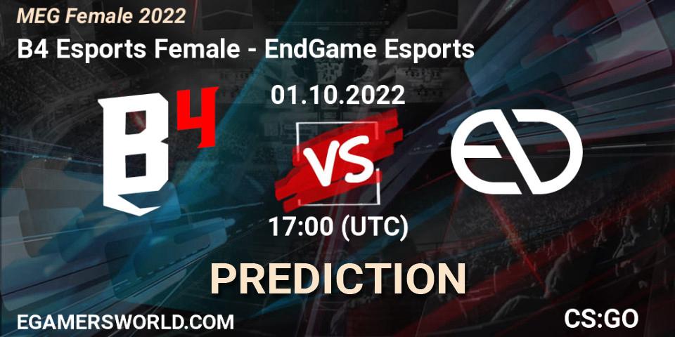 B4 Esports Female - EndGame Esports: ennuste. 01.10.2022 at 17:30, Counter-Strike (CS2), MEG Female 2022