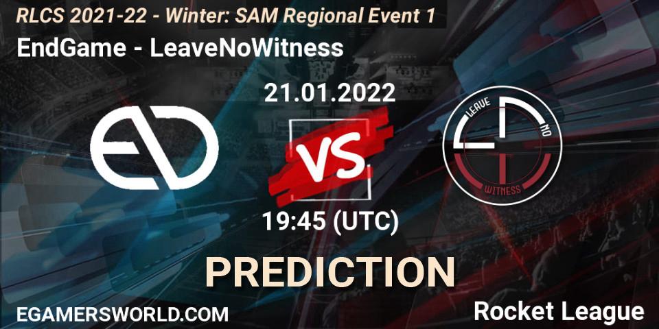 EndGame - LeaveNoWitness: ennuste. 21.01.2022 at 19:45, Rocket League, RLCS 2021-22 - Winter: SAM Regional Event 1