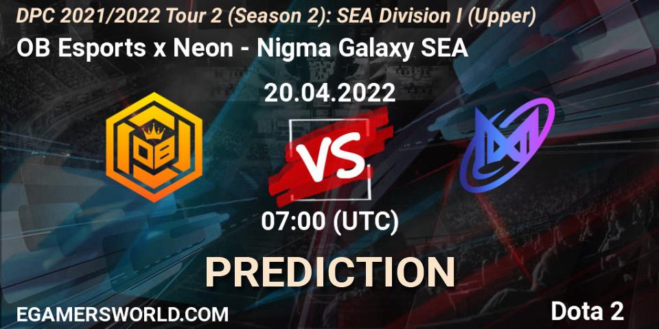 OB Esports x Neon - Nigma Galaxy SEA: ennuste. 20.04.2022 at 07:01, Dota 2, DPC 2021/2022 Tour 2 (Season 2): SEA Division I (Upper)