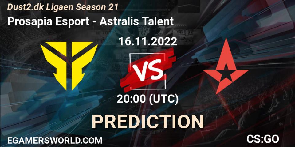 Prosapia Esport - Astralis Talent: ennuste. 16.11.2022 at 20:00, Counter-Strike (CS2), Dust2.dk Ligaen Season 21