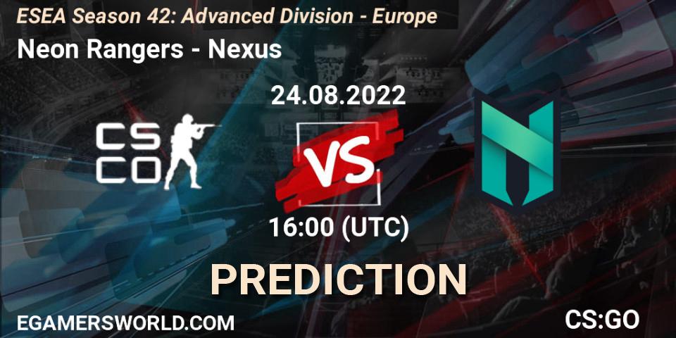 Neon Rangers - Nexus: ennuste. 24.08.2022 at 16:00, Counter-Strike (CS2), ESEA Season 42: Advanced Division - Europe