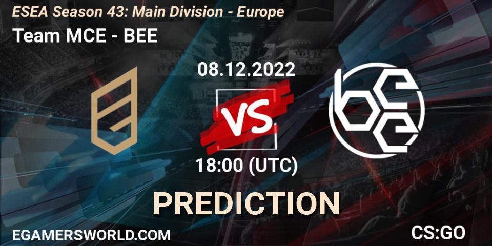 Team MCE - BEE: ennuste. 08.12.2022 at 18:00, Counter-Strike (CS2), ESEA Season 43: Main Division - Europe