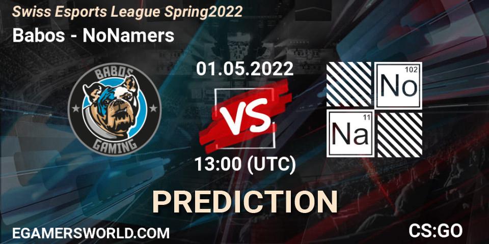 Babos - NoNamers: ennuste. 01.05.2022 at 13:00, Counter-Strike (CS2), Swiss Esports League Spring 2022
