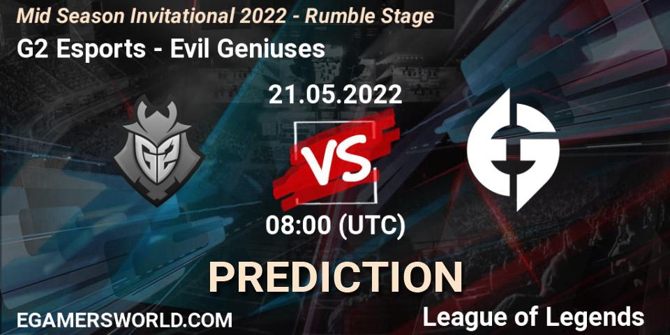 G2 Esports - Evil Geniuses: ennuste. 21.05.2022 at 08:00, LoL, Mid Season Invitational 2022 - Rumble Stage