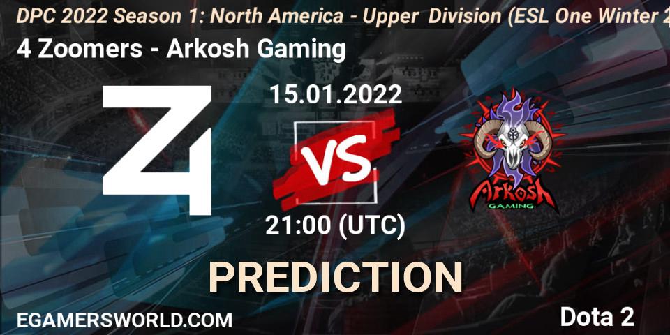 4 Zoomers - Arkosh Gaming: ennuste. 15.01.2022 at 19:55, Dota 2, DPC 2022 Season 1: North America - Upper Division (ESL One Winter 2021)