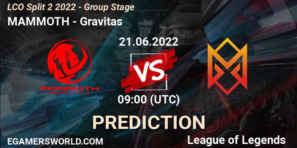 MAMMOTH - Gravitas: ennuste. 21.06.2022 at 09:00, LoL, LCO Split 2 2022 - Group Stage