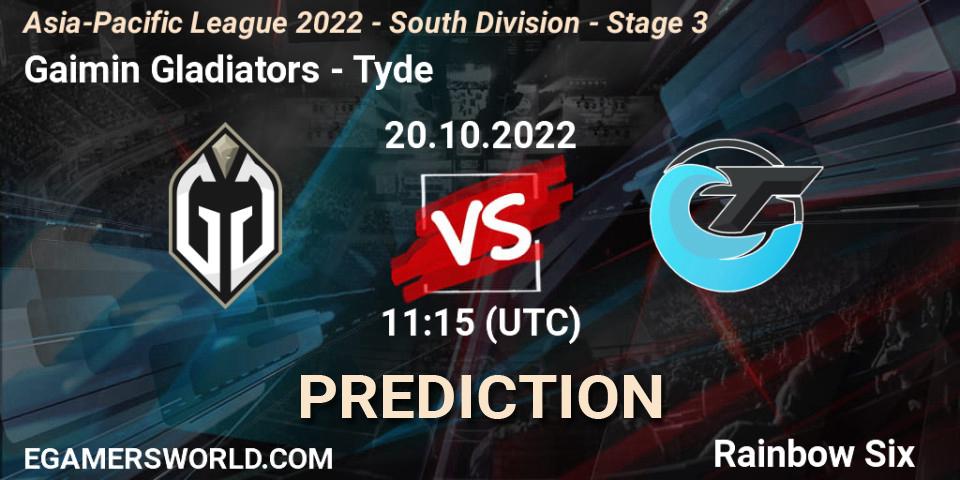 Gaimin Gladiators - Tyde: ennuste. 20.10.2022 at 11:15, Rainbow Six, Asia-Pacific League 2022 - South Division - Stage 3