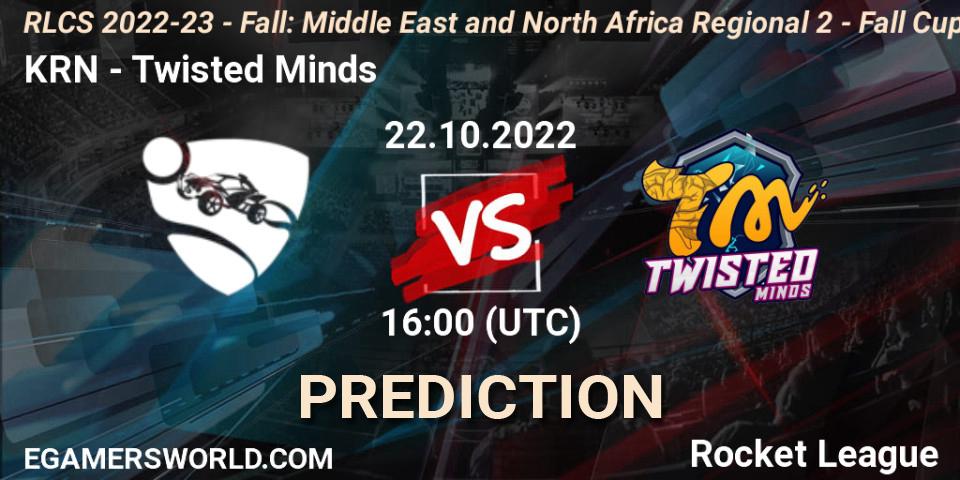 KRN - Twisted Minds: ennuste. 22.10.2022 at 16:00, Rocket League, RLCS 2022-23 - Fall: Middle East and North Africa Regional 2 - Fall Cup