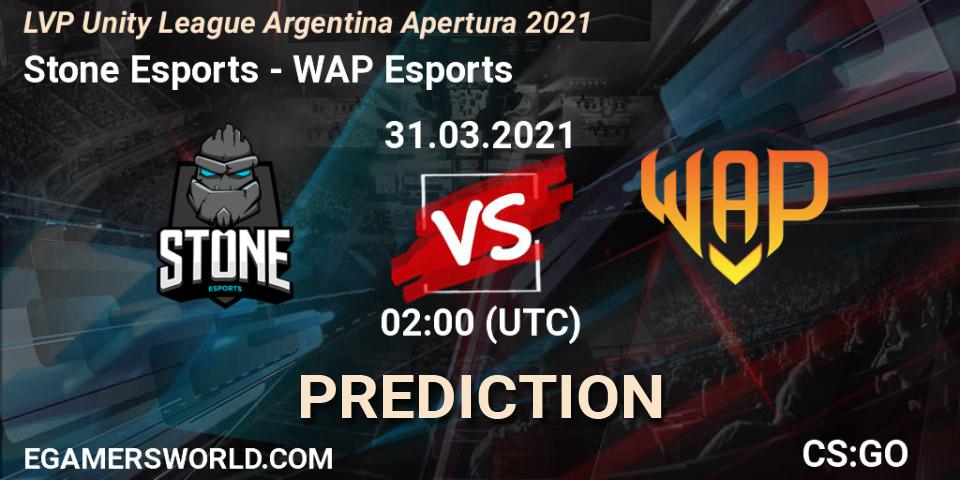 Stone Esports - WAP Esports: ennuste. 31.03.2021 at 02:00, Counter-Strike (CS2), LVP Unity League Argentina Apertura 2021