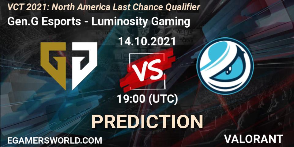 Gen.G Esports - Luminosity Gaming: ennuste. 28.10.2021 at 21:50, VALORANT, VCT 2021: North America Last Chance Qualifier