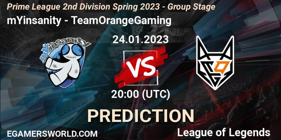 mYinsanity - TeamOrangeGaming: ennuste. 24.01.2023 at 20:00, LoL, Prime League 2nd Division Spring 2023 - Group Stage