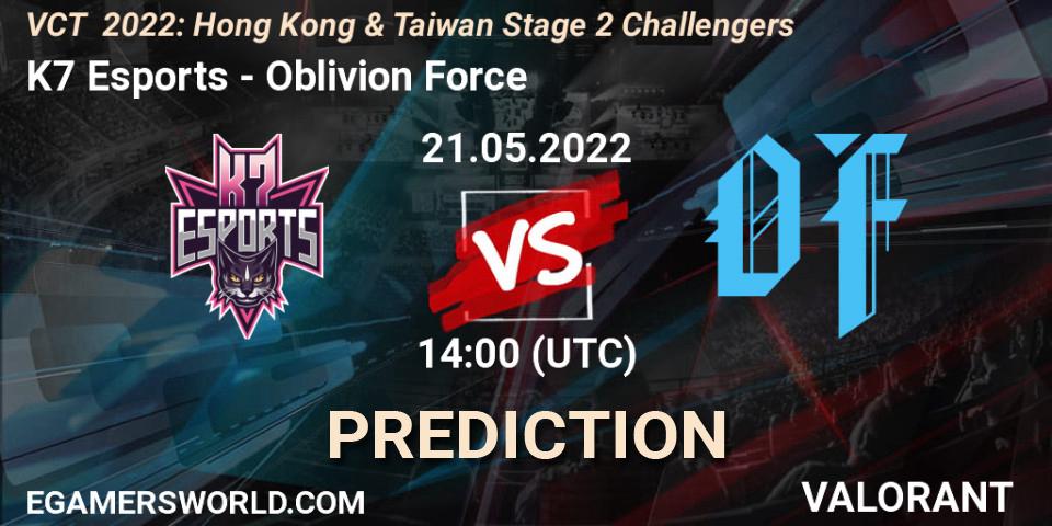 K7 Esports - Oblivion Force: ennuste. 21.05.2022 at 14:40, VALORANT, VCT 2022: Hong Kong & Taiwan Stage 2 Challengers