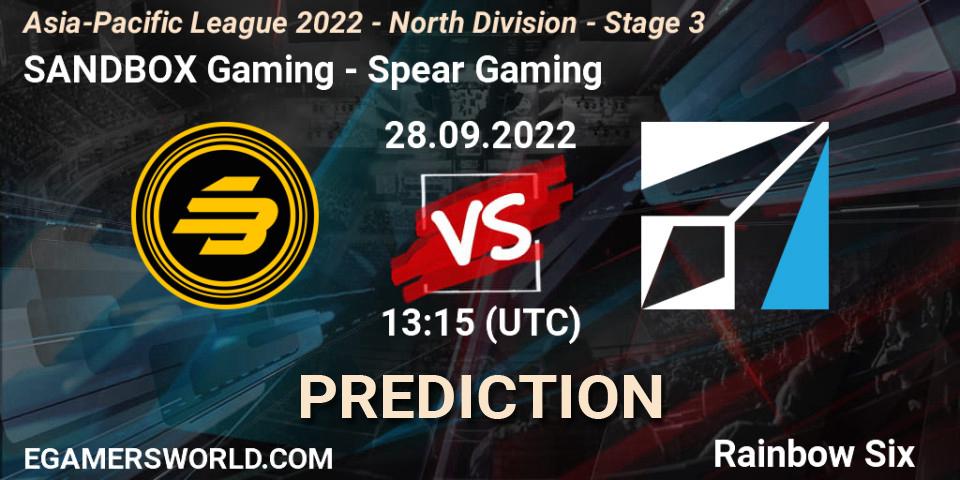 SANDBOX Gaming - Spear Gaming: ennuste. 28.09.2022 at 13:15, Rainbow Six, Asia-Pacific League 2022 - North Division - Stage 3