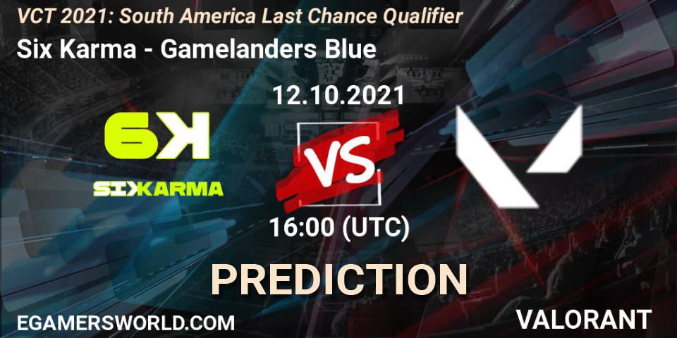 Six Karma - Gamelanders Blue: ennuste. 12.10.2021 at 16:00, VALORANT, VCT 2021: South America Last Chance Qualifier