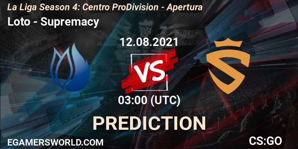 Loto - Supremacy: ennuste. 12.08.2021 at 03:00, Counter-Strike (CS2), La Liga Season 4: Centro Pro Division - Apertura