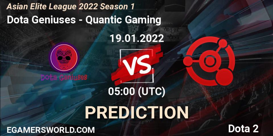 Dota Geniuses - Quantic Gaming: ennuste. 19.01.2022 at 06:59, Dota 2, Asian Elite League 2022 Season 1