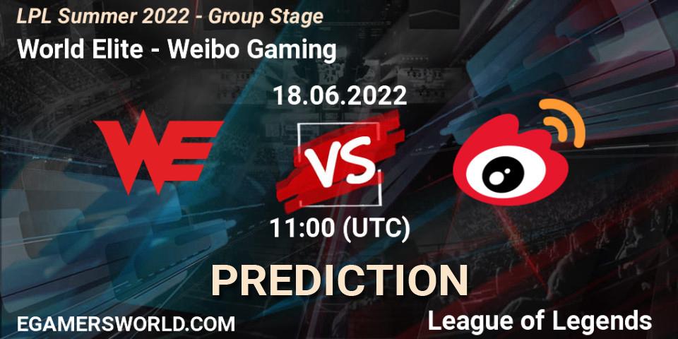 World Elite - Weibo Gaming: ennuste. 18.06.2022 at 11:00, LoL, LPL Summer 2022 - Group Stage