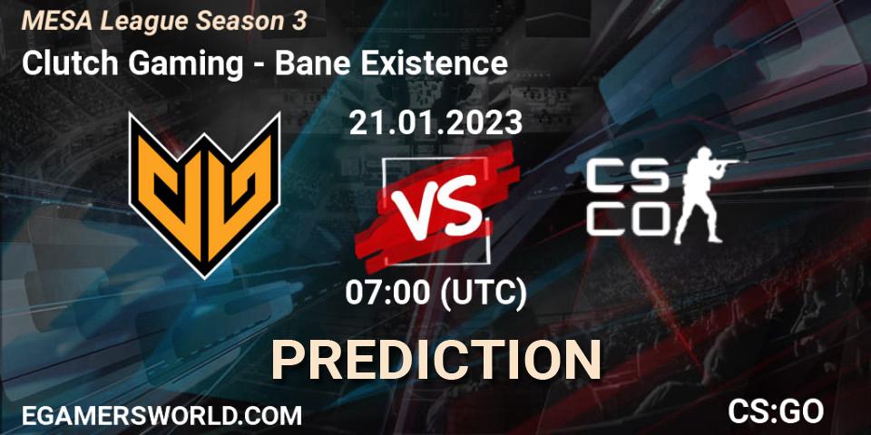 Clutch Gaming - Bane Existence: ennuste. 21.01.2023 at 06:30, Counter-Strike (CS2), MESA League Season 3
