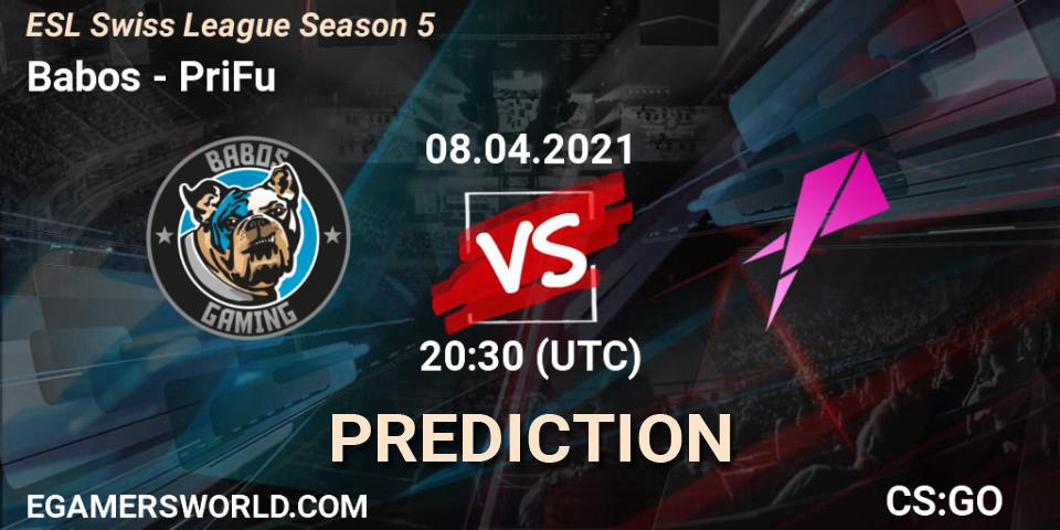 Babos - PriFu: ennuste. 08.04.2021 at 20:30, Counter-Strike (CS2), ESL Swiss League Season 5