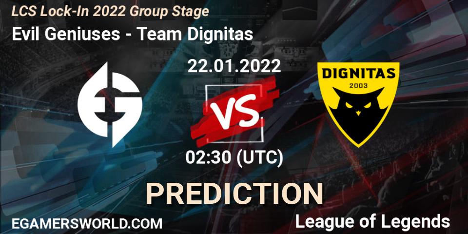 Evil Geniuses - Team Dignitas: ennuste. 22.01.2022 at 02:30, LoL, LCS Lock-In 2022 Group Stage