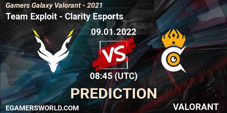 Team Exploit - Clarity Esports: ennuste. 09.01.2022 at 08:45, VALORANT, Gamers Galaxy Valorant - 2021