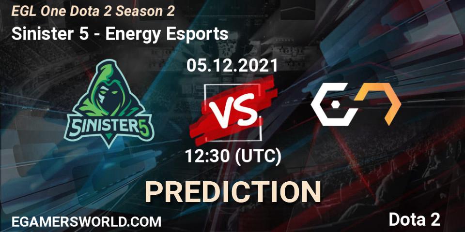 Sinister 5 - Energy Esports: ennuste. 05.12.2021 at 12:35, Dota 2, EGL One Dota 2 Season 2