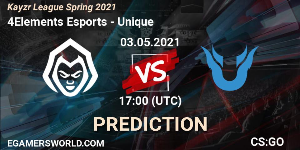 4Elements Esports - Unique: ennuste. 03.05.2021 at 17:00, Counter-Strike (CS2), Kayzr League Spring 2021