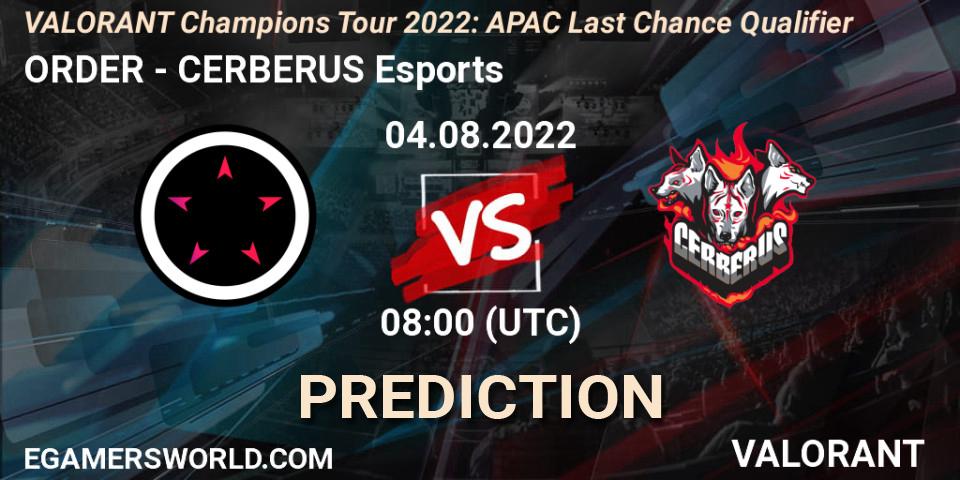 ORDER - CERBERUS Esports: ennuste. 04.08.2022 at 08:00, VALORANT, VCT 2022: APAC Last Chance Qualifier