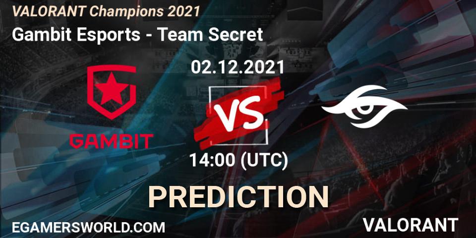 Gambit Esports - Team Secret: ennuste. 02.12.2021 at 14:00, VALORANT, VALORANT Champions 2021