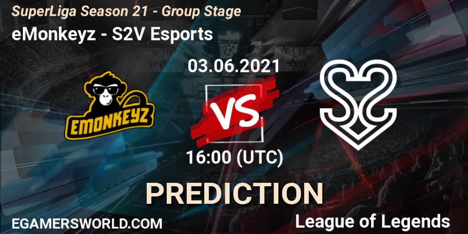 eMonkeyz - S2V Esports: ennuste. 03.06.2021 at 16:00, LoL, SuperLiga Season 21 - Group Stage 